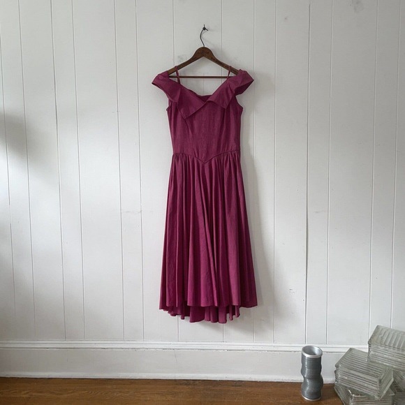 Vintage 1930s-1950s Fuschia Moire Evening/Formal/Cocktail Dress Off Shoulder - Picture 2 of 7